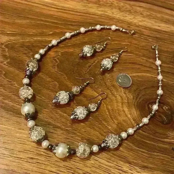 Crystal and Silver Colored Glass Bead and Faux Pearl Earrings and Neckla… - Picture 4 of 5